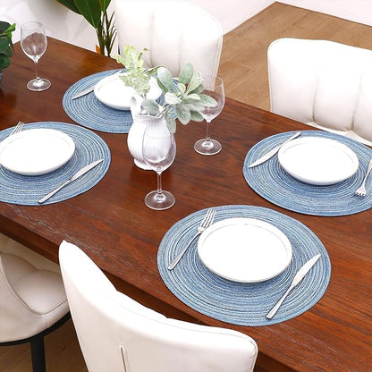 SHACOS Round Braided Placemats Set of 12 Circle Place Mats Cotton Polyester Kitchen Table Mats for Dining Table Wedding Party Decor (Blue Gray, 12)