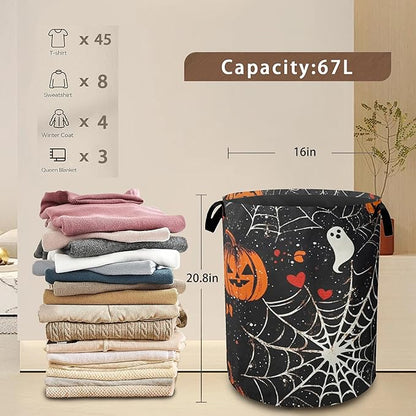 Halloween Laundry Basket Pumpkin Collapsible Hamper with Handles, Bat Spider Web Waterproof Oxford Storage Bin for Bathroom Bedroom Nursery Home Halloween Decor 16"x20"