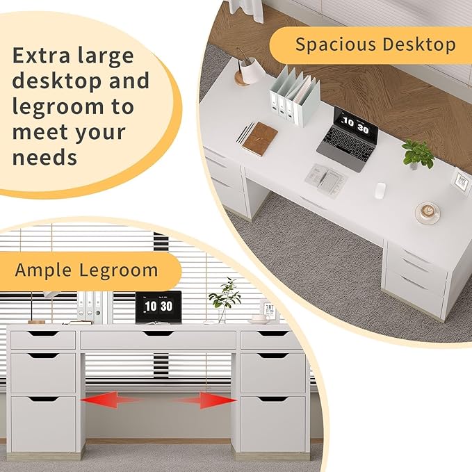 White Desk with 7 Drawers, 54 Inch Executive Desk with Drawers for Bedroom, Home Office Desk with Cabinet for Work Writing Study, Small Spaces