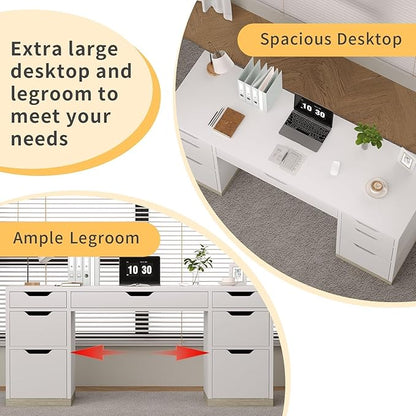 White Desk with 7 Drawers, 54 Inch Executive Desk with Drawers for Bedroom, Home Office Desk with Cabinet for Work Writing Study, Small Spaces