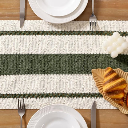 Socomi Boho Table Runner Valentine's Day Farmhouse Rustic Dining Kitchen Centerpiece Decor Small Macrame Woven Cotton Linen Coffee Table Runner for Dresser Scarf Home Decor 12x60 inch Olive Green