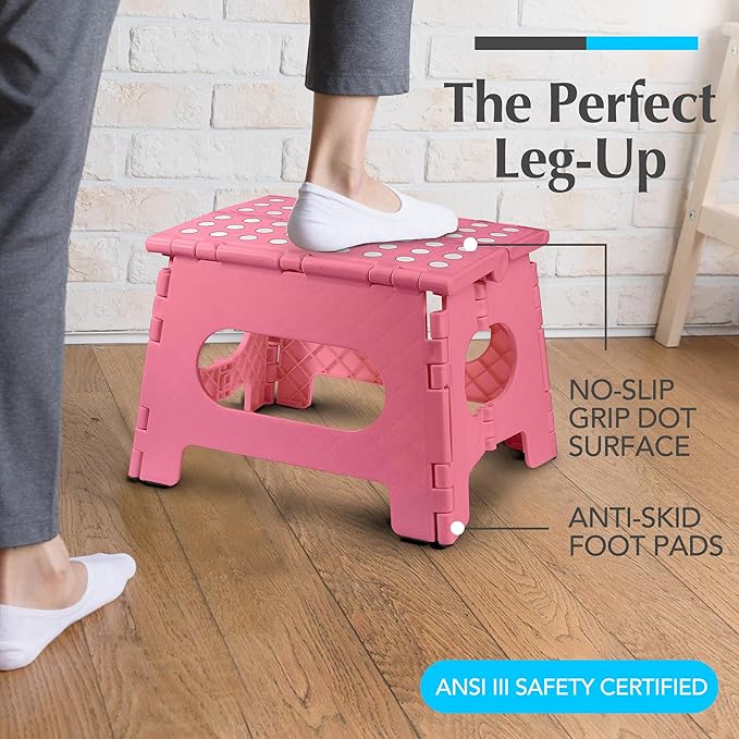 Handy Laundry Folding Lightweight Step Stool - Sturdy Enough to Support Adults - Opens Easy with One Flip - Great for Kitchen, Bathroom or Bedroom (Pink | 2-Pack)
