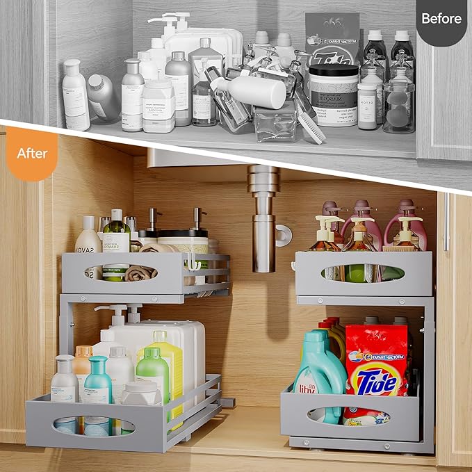 Under Sink Organizer, 2 Tier Under Sink Organizers and Storage, Adjustable Height, Slide out Metal Cabinet Organizers, Pull out Cabinet Storage Drawer Shelf for Kitchen Bathroom Gray 2Pack