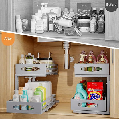 Under Sink Organizer, 2 Tier Under Sink Organizers and Storage, Adjustable Height, Slide out Metal Cabinet Organizers, Pull out Cabinet Storage Drawer Shelf for Kitchen Bathroom Gray 2Pack