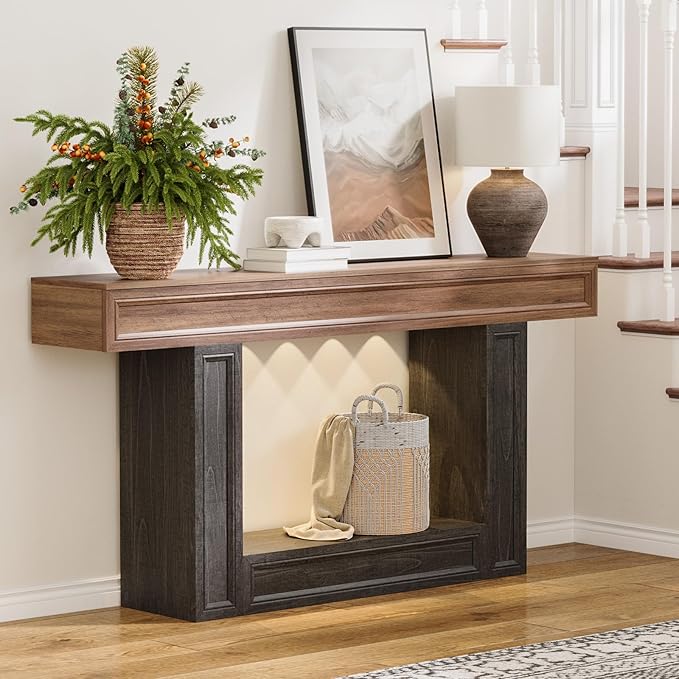 Rresyet 63" Console Table, 2-Tier Entryway Table with Sensor Lights, Coffee Table Behind The Sofa, with U-Shaped Base Suitable for Entryways, Living Rooms, Corridors, and Foyers(Wood)