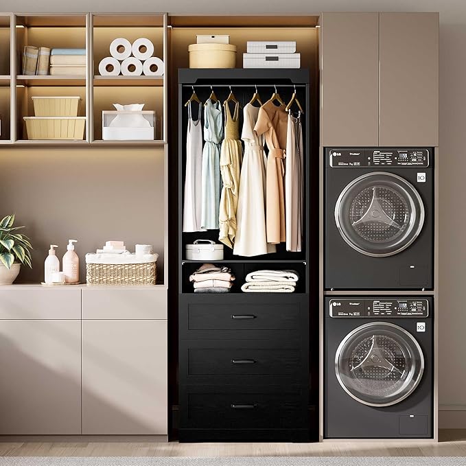 IRONCK Freestanding Closet System with 3 Wood Drawers, Modern Armoire Wardrobe with Adjustable Shelves & Hanging Rod, Walk-in Closet Systems Organizer, Black