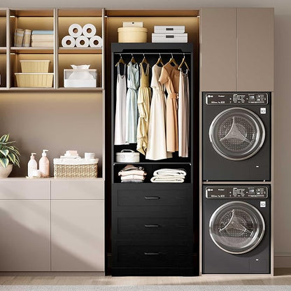IRONCK Freestanding Closet System with 3 Wood Drawers, Modern Armoire Wardrobe with Adjustable Shelves & Hanging Rod, Walk-in Closet Systems Organizer, Black