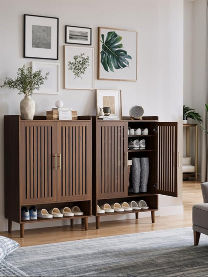 Shoe Storage Cabinet with 2 Slatted Doors, 6-Tier Large Shoe Cabinet with Adjustable Shelves, Hidden Entryway Shoe Organizer for Hallway, Foyer, Walnut