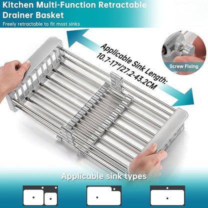 Dish Drying Rack, Over The Sink Dish Drying Rack, Stainless Steel Dish Drainer with Adjustable Arms Holder Functional Kitchen Sink Organizer for Vegetable and Fruit