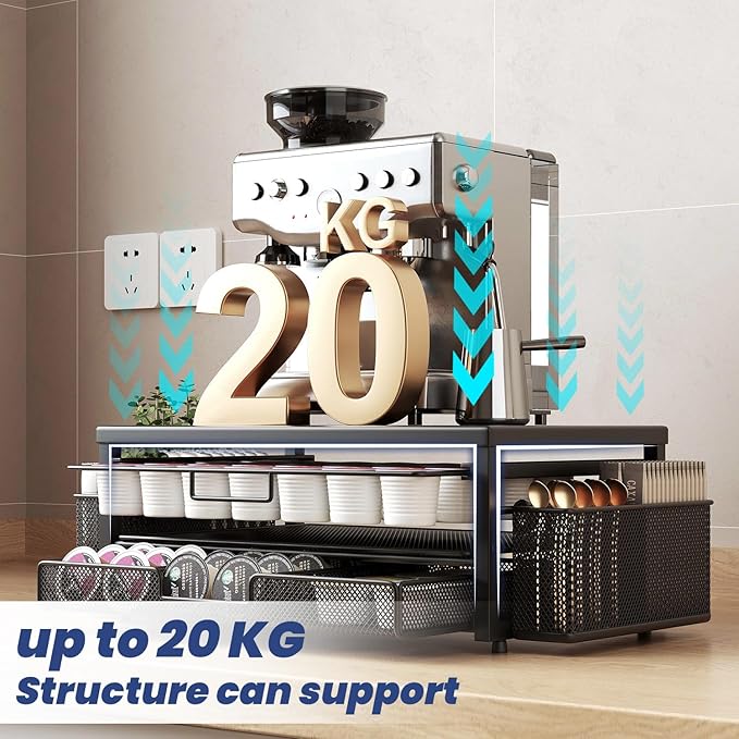 Metal Coffee Pod Holder for 80 Capsules with Storage Drawer & 2 Accessory Holders,2 Tier K Cup Holder Organizer for Countertop,Black