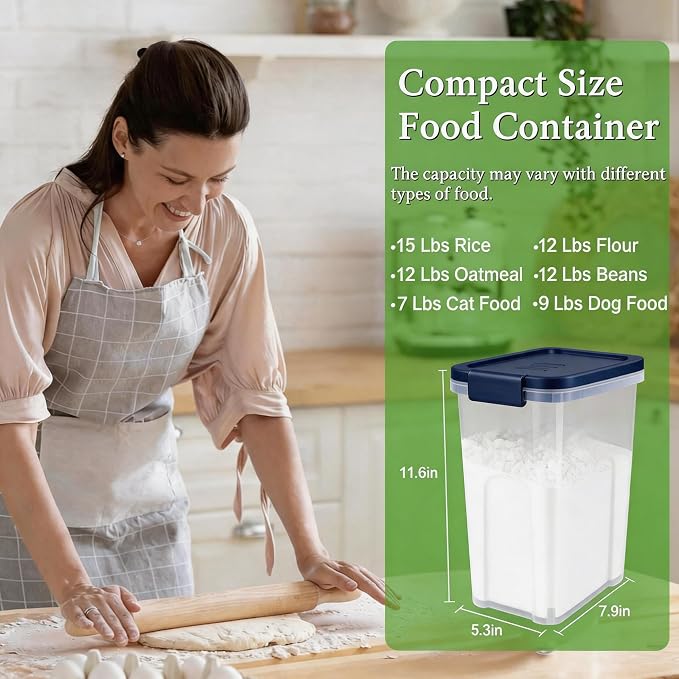 Tight-Lock Rice Container 10-15 Lbs - Airtight Flour Container with Scoop - Plastic Food Storage Container for Cereal, Sugar - Dry Food Dispenser for Kitchen, Pantry Organizers and Storage - Dark Blue