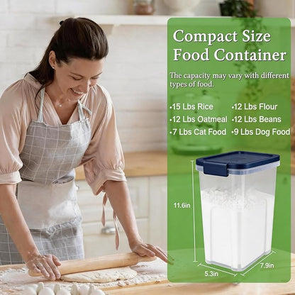 Tight-Lock Rice Container 10-15 Lbs - Airtight Flour Container with Scoop - Plastic Food Storage Container for Cereal, Sugar - Dry Food Dispenser for Kitchen, Pantry Organizers and Storage - Dark Blue