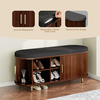 DHH 2-Tier Storage Bench, 43.3" Wide Shoe Bench with Thickened Padded Seat Cushion, Mid Century Modern Fluted Sliding Door and Adjustable Shelf, for Entryway, Living Room, Bedroom(Walnut)
