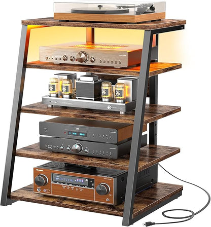Armocity 5-Tier AV Media Stand with Power Strips, Media Console with LED Lights, Audio Tower Rack with Adjustable Shelves, Stereo Stands and Racks, 40.8'', Rustic Brown