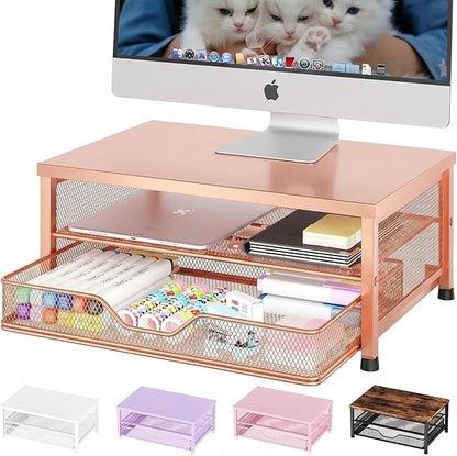 OPNICE Computer Monitor Stand Riser, Desk Organizer with Drawer, Printer & Laptop Stand, Office Desk Accessories & Workspace Desktop Organizers Storage for Office Supplies(Rose Gold)