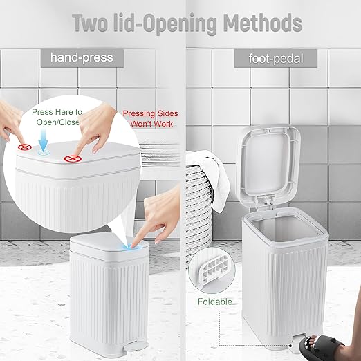 rejomiik Small Bathroom Trash Can with Lid Slim Soft Close Garbage Can Step Wastebasket Container Trash Bin for Office Bedroom Kitchen Living Room (1.9 Gallon White)