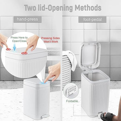 rejomiik Small Bathroom Trash Can with Lid Slim Soft Close Garbage Can Step Wastebasket Container Trash Bin for Office Bedroom Kitchen Living Room (1.9 Gallon White)