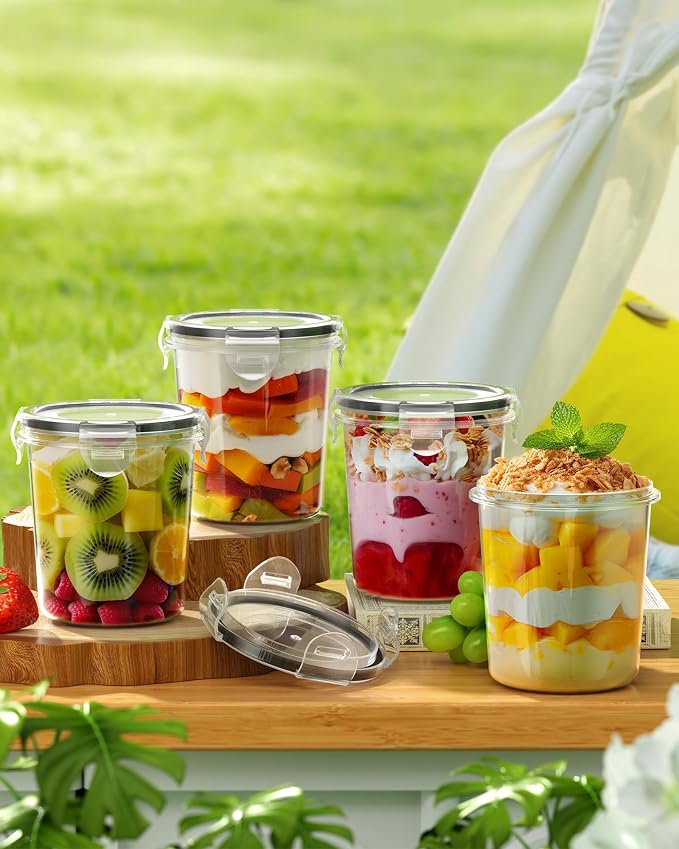 Canfanni Overnight Oats Containers with Lids, 4 Pack 13oz Overnight Oats Jars, Plastic Mason Jars, BPA Free, Portable, Leak Proof Oatmeal Containers for Yogurt, Soup, Cereal, Milk and Salad