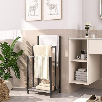 HOOBRO Free Standing Towel Rack, 3 Tier Blanket Rack, Blanket Holder for Bathroom, 16.9" L x 11" W x 31.9" H, Industrial Metal Drying and Display Rack with Shelf, Greige and Black BG03LB01