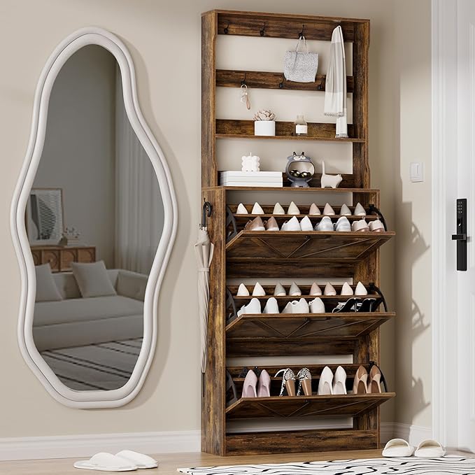 EOYUTLLY Shoe Cabinet Storage for Entryway, Narrow Shoe Rack Cabinet with 3 Flip Drawers & Coat Rack, Hidden Shoe Storage Cabinet, 2-in-1 Hall Tree Slim Freestanding Shoe Rack Organizer, Rustic Brown