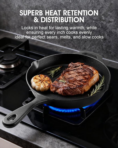 Cast Iron Skillets, 9.5 Inch Frying Pan with Teardrop Handle, Oven Safe, Durable Camping Cookware for Stove & Grill Use, Indoor/Outdoor