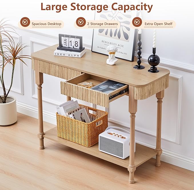 Fluted Console Table for Entryway, 43.3'' Narrow Entryway Tables with 2 Wooden Drawers, Retro Sofa Table Behind Couch Accent Tables for Foyer, Living Room, Hallway (Natural)