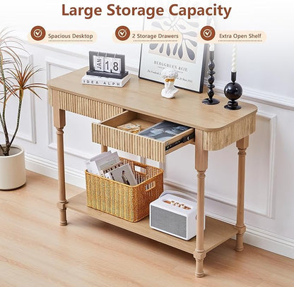 Fluted Console Table for Entryway, 43.3'' Narrow Entryway Tables with 2 Wooden Drawers, Retro Sofa Table Behind Couch Accent Tables for Foyer, Living Room, Hallway (Natural)