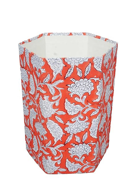 3.3 Gallon Cotton Hand Block Printed Paper Waste Basket |Small Decorative Trash Can for Housewarming Gifts in Living Room, Bedroom, Bathroom | Eco-Friendly, Plastic-Free (1, ORE. White FLOWAR)