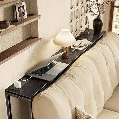 SUPERJARE Console Table with Outlet, 63 Inch Sofa Table with Charging Station, Narrow Entryway Table, Skinny Hallway Table, Behind Couch Table, for Living Room, Plants, Black