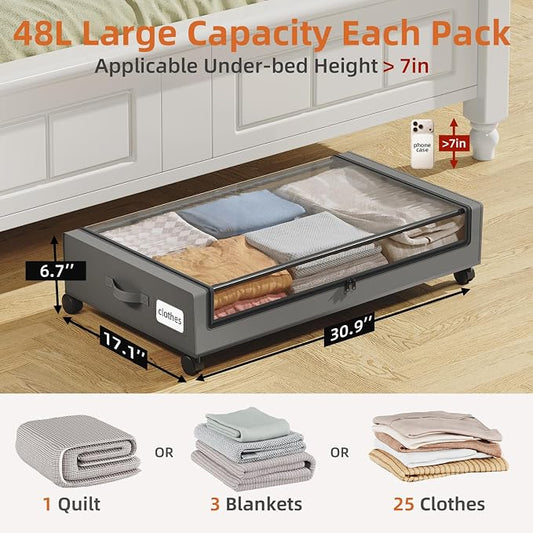 Somdot Under Bed Storage with Wheels, 2 Pack Bed Storage Containers with Dividers & Clear Lids, Easy Pull-out Metal Drawer for Clothes, Shoes,Toys, Blankets (Charcoal Grey)