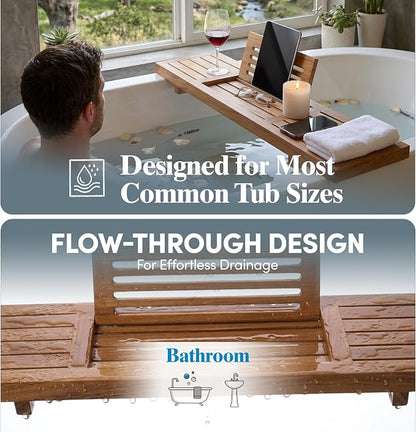 AquaTeak 30" Manada Teak Bathtub Tray Caddy - Durable, Water-Resistant Bath Tray for Tub with Foldable Book & Tablet Stand - Fits Standard Soaking Bathtubs - Bathroom Accessories for Spa