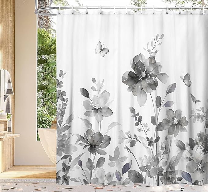 Grey Floral Shower Curtain, Grey Lavender Floral Butterfly Boho Shower Curtains for Bathroom, Farmhous Flower Cute Fabric Shower Curtain Set with 12PCS Hooks, 36X70IN