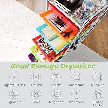 RELAX4LIFE 10 Drawer Rolling Cart, Slim Storage Cart w/Lockable Wheels for Classroom School Teacher Office, Art Supplies Paper Scrapbook Craft Organizers, Utility Cart with Drawers (Multicolor)