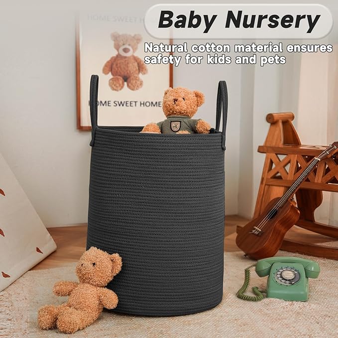 JMvicyroam Large Woven Laundry Basket Hamper,80L Cotton Rope Storage Bin for Blankets,Toys and Clothes,Decorative Tall Nursery Hamper for Living Room,Baby Nursery,Bathroom and Bedroom,Black