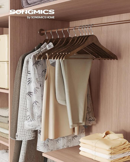 SONGMICS Wooden Hangers, Pack of 30, Coat Hangers, Pants Bar, 360° Swivel Hooks, Solid Birch Wood, Space Saving, for Jackets, Shirts, Coats, Walnut Brown UCRW030K02