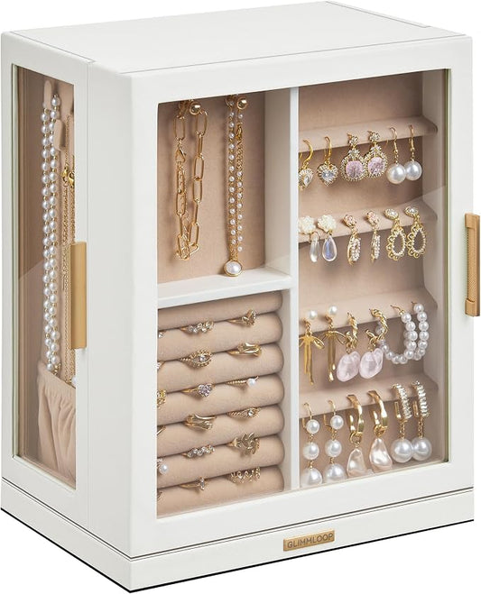 Glimmloop 360° Rotating Jewelry Box with 5 Drawers, Spacious Vertical Jewelry Organizer with Glass Window, Jewelry Storage Case, Dustproof & Moisture-resistant Design, White