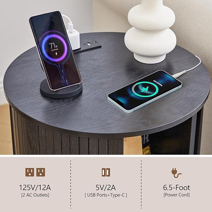 Fluted Round End Table with Charging Station, Farmhouse Small Sofa Side Table with Sliding Tambour Door & Storage, Mid-Century Wood Fulted Nightstands for Living Room, Bedroom ((Black)