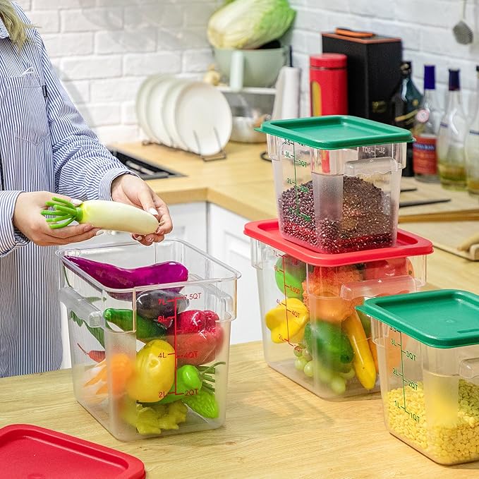 Lallisa 4 Pcs 8 Qt and 4 Qt Clear Food Storage Containers with Lids, Handles and Scales, Commercial Grade Square Containers Polycarbonate Air Tight for Home Storage Kitchen Restaurant(Red, Green)