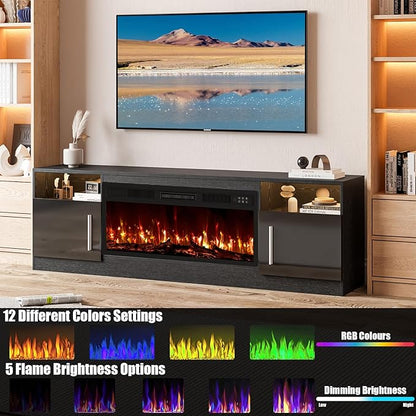 VITESSE Fireplace with TV Stand 36" inch Electric Fireplace Up to 80" TVs, LED Light Entertainment Center, 70" Modern Wood High Gloss with Highlight Storage Cabinet for Living Room (Black)
