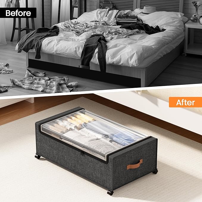 Yecaye 95 L Under Bed Storage with Wheels, 11 in Under Bed Storage Containers, Large Under Bed Shoe Storage with Lids, Rolling Underbed Storage bins for Clothes, Blankets, Gray