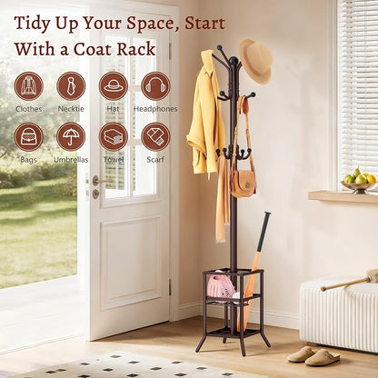 FAVOOSTY Coat Rack Freestanding,Coat Rack Stand with Umbrella Holder,Metal Coat Tree with 12 Hooks,Tree Clothes Hat for Entryway, Hallway, Bedroom, Living Room & Office -Brown