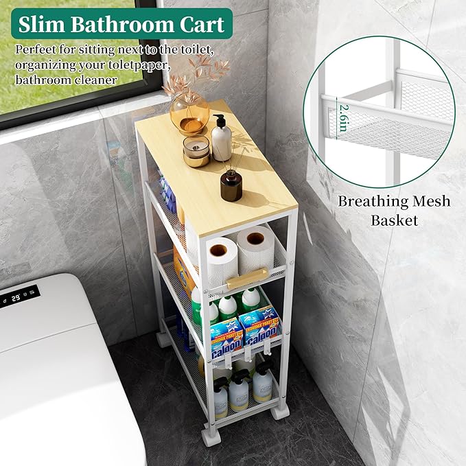Utility Slim Storage Cart, 4 Tier Rolling Cart with Wheels, Laundry Shelves with Wood Top, Narrow Cabinet for Bathroom Organization, Small Organizer for Kitchen, Office and Dorm (White, 9.1'')
