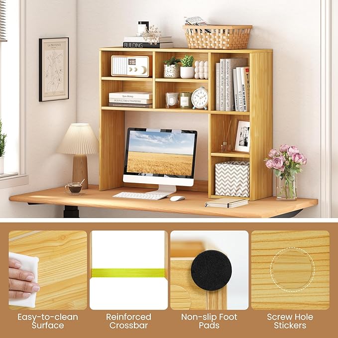 Desk Hutch, Desktop Shelf with 7 Shelves, Desk Bookshelf w/Anti-Toppling Devices, Wood Table Top Bookshelf Organizer, Small Desk Shelf for Study, Office, Dorm (Burlywood, 7 Shelves)