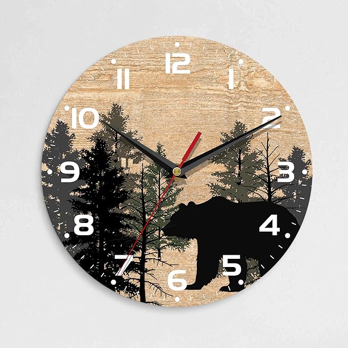 Wall Clock, 10 Inch Silent Non-Ticking Home Kitchen Decor, Battery Operated for Bathroom Bedroom Living Room Office(Forest Bear Plant)