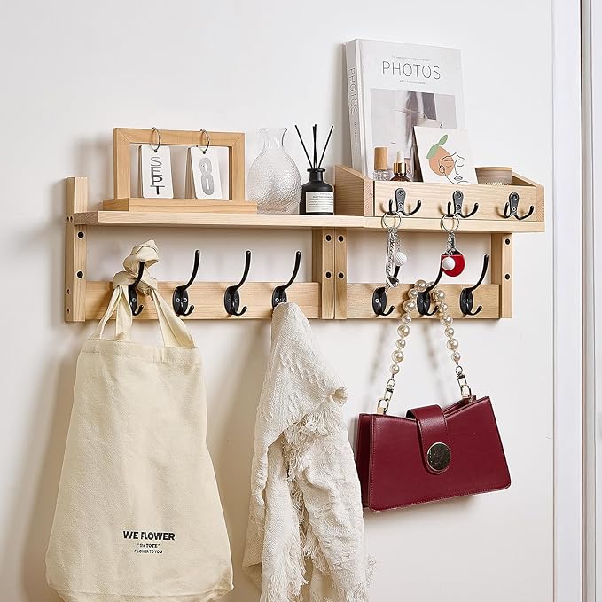 28.9" Wall Hanger Coat Rack Key Holder Wall Mount with Shelf,11Shelf with Coat Hooks Wall Mount, Coat Hangers for Bathroom, Living Room, Bedroom (Wood Color)