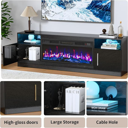PRETZI Fireplace TV Stand with 36" Fireplace Up to 80" TVs, 70" Entertainment Center with LED Lights, Remote Control, TV Media Console with Storage Cabinets for Living Room, Black