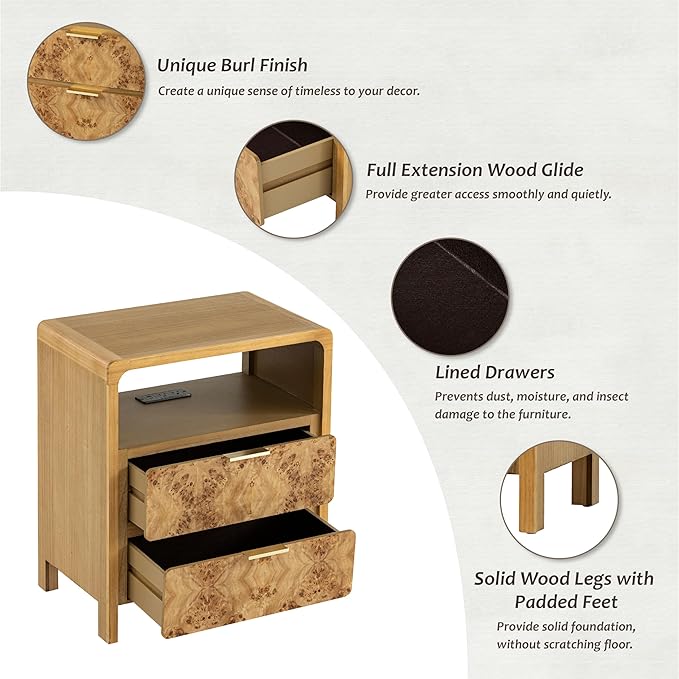 COZAYH Set of 2 Farmhouse 2 Drawer Nightstand with Charging Station, Side Table with Power Outlet, USB and Type-C Ports, Burl Wood Finish, Natural