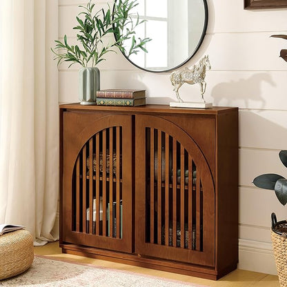 LKTART Sideboard Buffet Cabinet with Storage, Mid Century Modern Credenza with Arch Doors & Shelves, Wood Coffee Bar Media Console Table for Kitchen, Living Room, Entryway-Brown