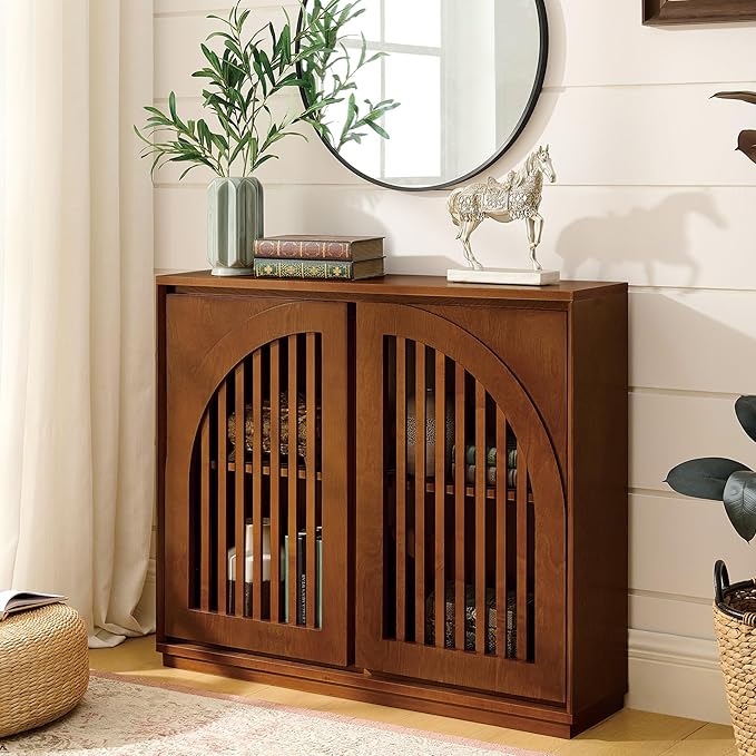 LKTART Arch Doors Sideboard Buffet Storage Cabinet,Mid Century Modern Storage Cabinet with Shelves,Wood Coffee Bar for Living Room, Kitchen, Hallway-Brown