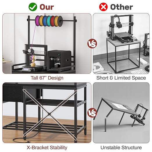 3D Printer Stand with Filament Storage – Tall 66" Heavy Duty Metal 3D Printer Table with Power Hub, Drawer & X-Bracket Stability for Workshop, Studio, Office